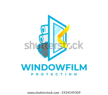 Protection window film from solar and shockproof, logo design. Safety, window, reflected sunbeam or sunlight and rolls with protective film, vector design and illustration