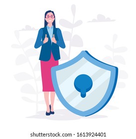 Protection, Woman with shield covering from attacks. Vector illustration for web banner, infographics, mobile. insurance, from business dangers