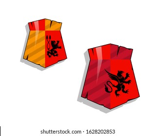 Protection wood old shield Coat of arms sign. Safety badge icon. Privacy color banner old shield. Security label icon. Defense tag. Presentation military sticker shape. defense safeguard shield sign