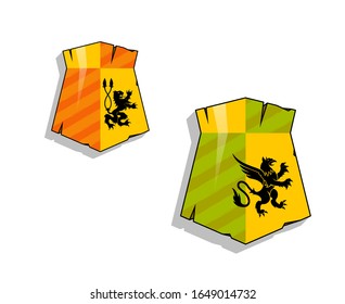 Protection wood old shield Coat of arms sign. Safety badge icon. Privacy color banner old shield. Security label icon. Defense tag. Presentation military sticker shape. defense safeguard shield sign