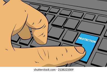 Protection word on computer keyboard. Man push keypad on laptop. Comic book style concept.