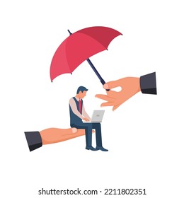 Protection of workers. Employee care. Professional support. A person works under protection. Umbrella and employee. Vector illustration flat design. Isolated on white background. 