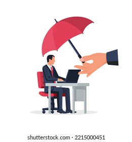 Protection of workers. Employee care. Professional support. A person works under protection. Umbrella and employee. Vector illustration flat design. Isolated on white background. 