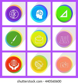 mundo de la protección, cepillo, globo y reloj, globo y sonido, maletín, cerebro humano, cámara, tubos de ensayo químicos, regla triangular. Conjunto de educación. Plantilla de Internet. Iconos vectores.