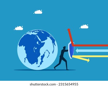 protection of the world economy. man holding a shield to protect the earth vector