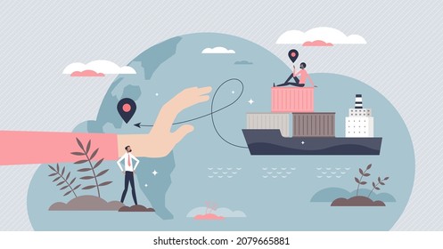 Protectionism policy as domestic business protection tiny person concept. Foreign competition limitation and trading conflict restriction with prohibited shipping regulations vector illustration.