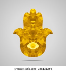 Protective amulet in the shape of palm - Hamsa. Low poly design. Abstract polygonal illustration. Gold version.