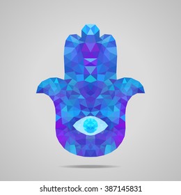 Protective amulet in the shape of palm - Hamsa. Low poly design. Abstract polygonal illustration.
