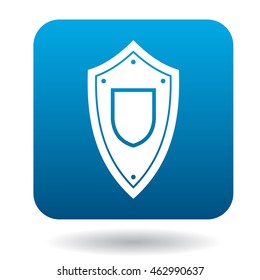 Protective battle shield icon in simple style in blue square. Weapon for war symbol