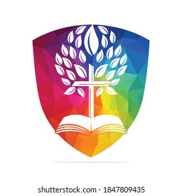 Protective Bible Cross Tree Logo Design. Christian Church Shield  Vector Template Design.