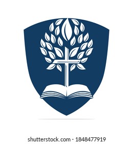 Protective Bible Cross Tree Logo Design. Christian Church Shield  Vector Template Design.