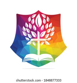 Protective Bible Cross Tree Logo Design. Christian Church Shield  Vector Template Design.