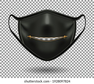 Protective black comical mask for COVID-19. Party, Halloween and other fun. Realistic 3D Open zipper illustration isolated on a transparent background. Vector.