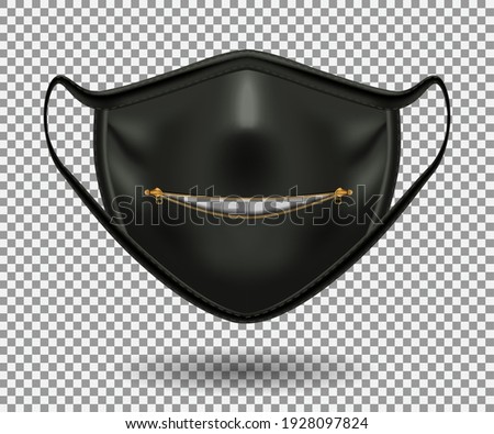 Protective black comical mask for COVID-19. Party, Halloween and other fun. Realistic 3D Open zipper illustration isolated on a transparent background. Vector.