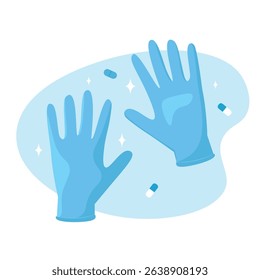 Protective blue gloves in flat style. Medical or cleaning safety equipment with pills and clean background. Vector illustration for healthcare, hygiene, hospital, and protection themes