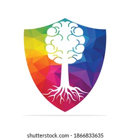 Protective Brain tree roots concept design. Tree growing in the shape of a human brain and shield.