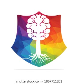 Protective Brain tree roots concept design. Tree growing in the shape of a human brain and shield.