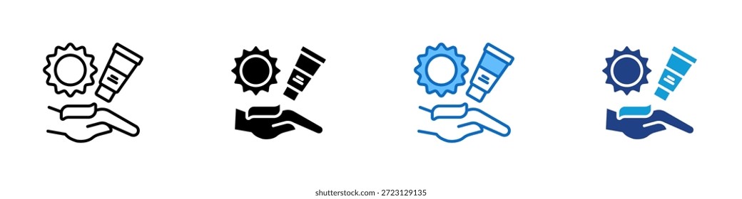 Vector de diseño de múltiples iconos de estilo - Mano y protector solar que representa el cuidado protector, el tratamiento y la protección de la superficie o la piel