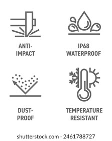 Iconos de características del cuerpo de la caja protectora o del dispositivo establecidos en línea en negrita - Anti-impacto, impermeable, a prueba de polvo, resistente a la temperatura