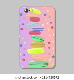 Protective case for mobile phone. Bright yummy pattern of collection macaroons on pink background. Vector illustration. Yummy style.