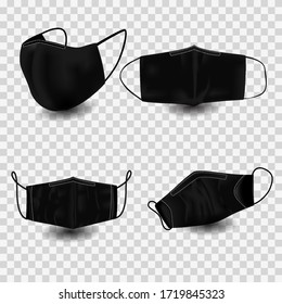 Protective cloth mask covid-19 illustration. fabric black mask on transparent,realistic blank front, back and side view set for brand promo.eps10.