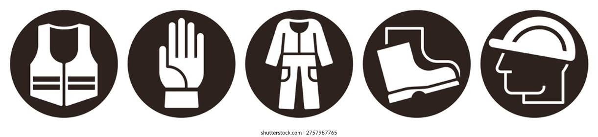 Protective clothing icon set. Personal Protective Equipment PPE signs. Construction safety labels. Reflective vest, construction gloves, protective clothing, safety boots and safety helmet.