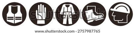 Protective clothing icon set. Personal Protective Equipment PPE signs. Construction safety labels. Reflective vest, construction gloves, protective clothing, safety boots and safety helmet.