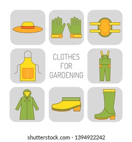 Protective clothing for work in the garden, on the farm. Flat illustrations, icons or objects. Cloak, hat, gloves.