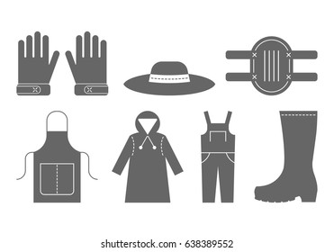 Protective clothing for working in the garden. Flat black icons, objects of work clothing.