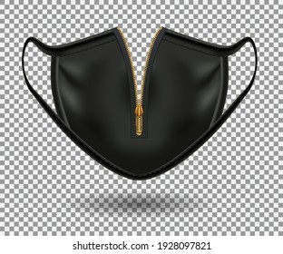 Protective comical black mask for COVID 19. Party, Halloween and other fun. Realistic 3D Open zipper illustration iIsolated on a transparent background. Vector.