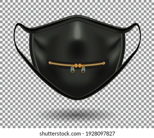 Protective comical black mask for COVID 19. Party, Halloween and other fun. Realistic 3D closed zipper illustration iIsolated on a transparent background. Vector.