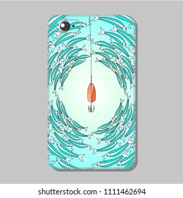 Protective cover pattern for mobile phone. A flock of fish around the fish hook. Vector illustration in a light humorous style.