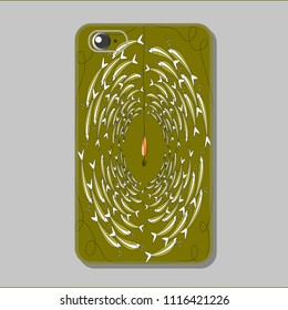 Protective cover pattern for mobile phone.  Flock of fish around the fish hook. Vector illustration in light humorous style.