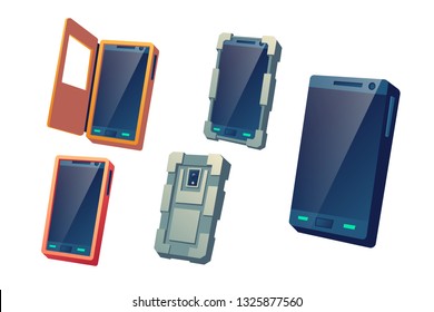 Protective covers, water and shockproof cases for modern mobile phones cartoon vector illustration set isolated on white background. Smartphones protection from mechanical damages after accident fall