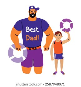 Protective dad and son holding rescue rings, flat sticker