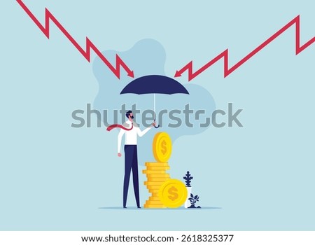 Protective or defensive stocks during economic crisis or market crash, businessman holding umbrella to shielding assets from stock market downturn