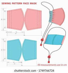 Protective Design template cloth face protective Reusable mask handmade. DIY Sewing pattern Washable face Mask soft cotton for protection nose and mouth. Quarantine Precautions. Vector illustration.