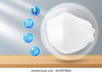 Protective details of disposable mask and properties of medical mask Used for advertising on health and packaging. Realistic file.