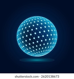 Protective dome shield sphere with hexagon, 3d ball on blue background artificial intelligence AI technology, Protection against viruses and cyber attacks, Vector illustration.