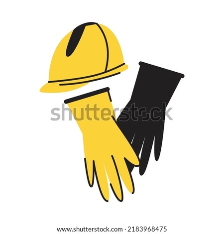 Protective elements in a builder's suit. A helmet and gloves ensure the safety of the installer. A set of yellow helmet and gloves. Illustration in cartoon style flat graphic.