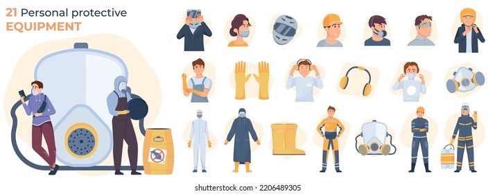 Protective equipment flat composition with headphones respirators rubber gloves and boots protective suits and masks vector illustration