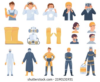 Protective equipment flat icon set with gloves protective suits rubber boots ear protection headphones vector illustration