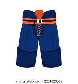 Protective equipment for hockey players. Blue bottom pants. Vector stock illustration. White background. Active sport. Injury