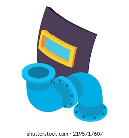 Icono de equipo protector vector isométrico. Máscara de soldadura e icono de tubería de adaptador. Equipos profesionales, reparaciones y obras de construcción