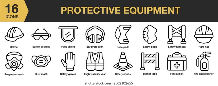 Protective Equipment icon set. Includes barrier, dust mask, elbow pads, safety harness, helmet, and More. Outline icons vector collection.