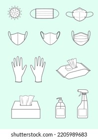 Protective equipment. Medical face mask gloves wet napkins liquid soap disinfectant. Coronavirus protection. Technical drawing. Vector illustration.