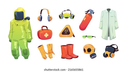 Protective equipment. Safety work and personal security tools and clothes, scientists and medical chemical protection. Vector uniform mask and gloves set. Gas or radiation pollution prevention