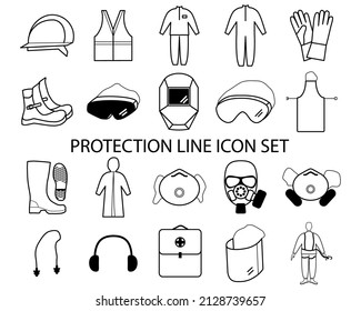 Protective equipment. Set of vector individual protection line icons isolated on white background. Protective industrial clothing signs for web. Industrial application. Vector illustration