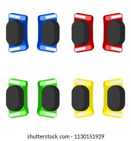 Protective equipment for skateboarding, bicycle, roller skates. Knee cushions. Vector illustration. A set of protective equipment of different colors is red, blue, yellow and blue. EPS 10.