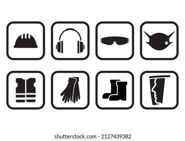 Protective equipments and work wear, protection head, hands, ears and body. Vector set icons, black signs at white frame.